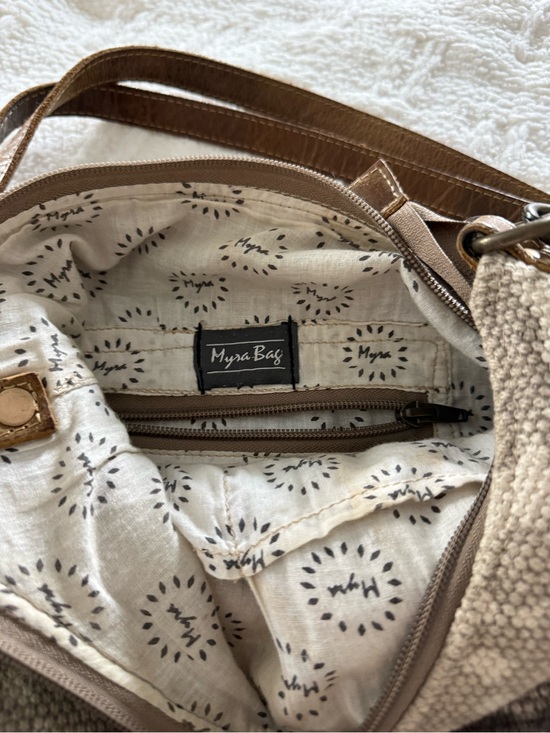 Myra Bag Handbags - Myra Bag Tan and Cream Woven Crossbody with Printed Lining